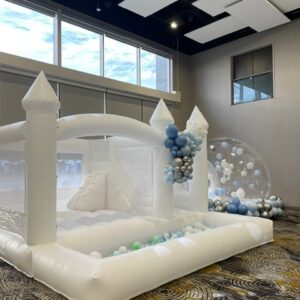 Package Deal – Large White Bouncy Castle With Ball Pit and Slide and Large Bubble Dome