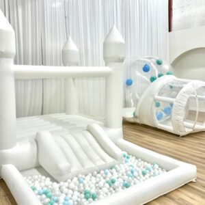 Package Deal – Small White Bouncy Castle With Ball Pit and Small Bubble Dome