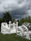 Package Deal – White Bouncy Castle With Curved Slide and Ball Pit and Large Bubble Dome