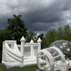 Package Deal – White Bouncy Castle With Curved Slide and Ball Pit and Large Bubble Dome